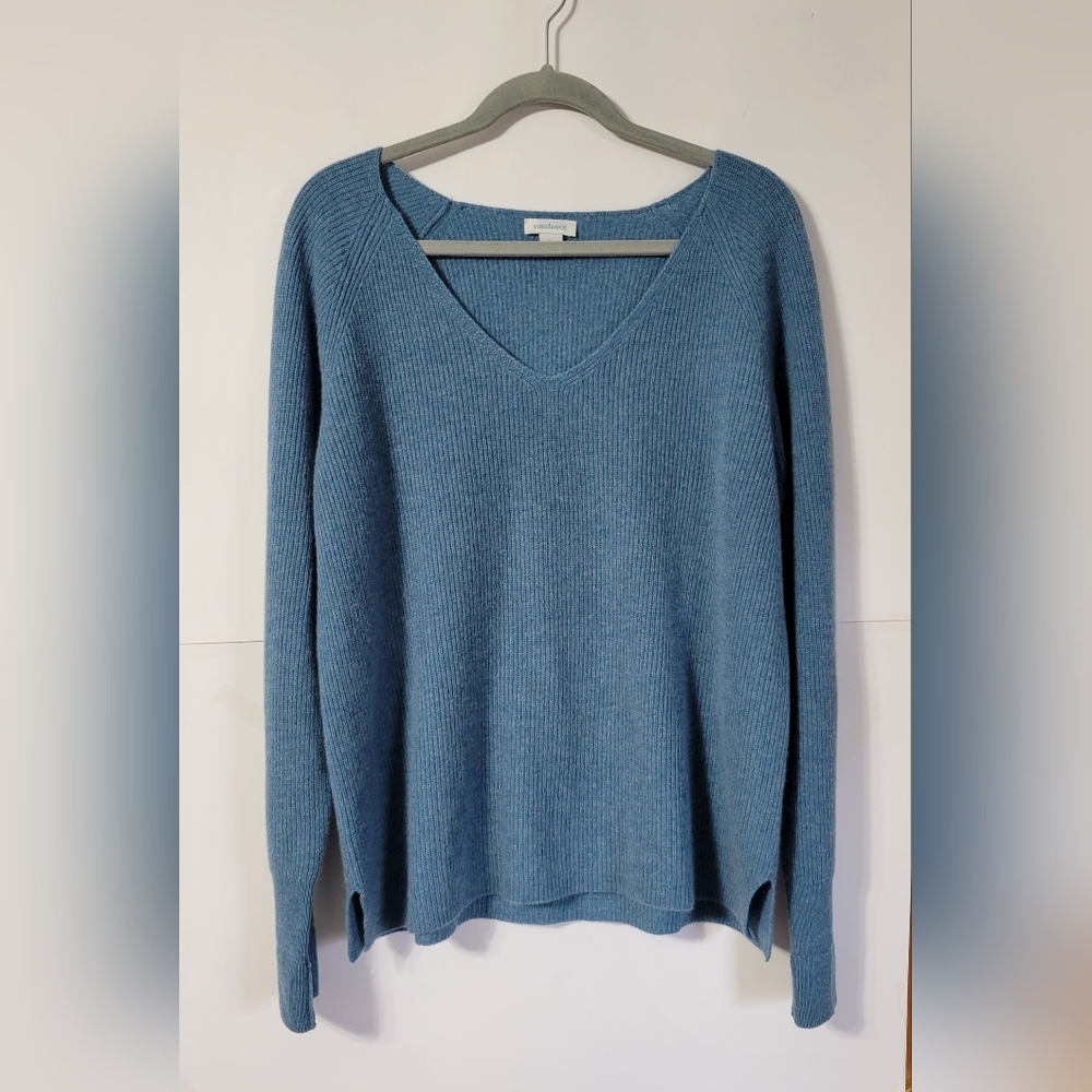 Womens Sundance 100% Cashmere V neck sweater Blue Size L